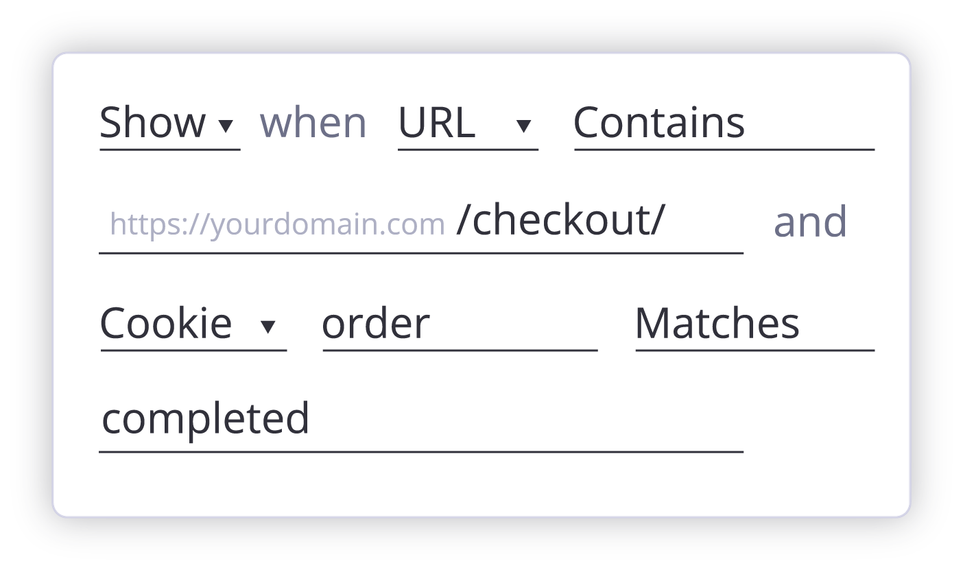 Triggering options shown in the Mopinion interface, specifying this survey should trigger when a cookie value matches completed on the checkout URL.
