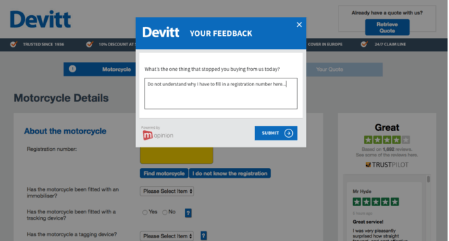 Mopinion: Customer Success Story – Devitt Insurance: Optimising the customer journey  - Exit Feedback Form