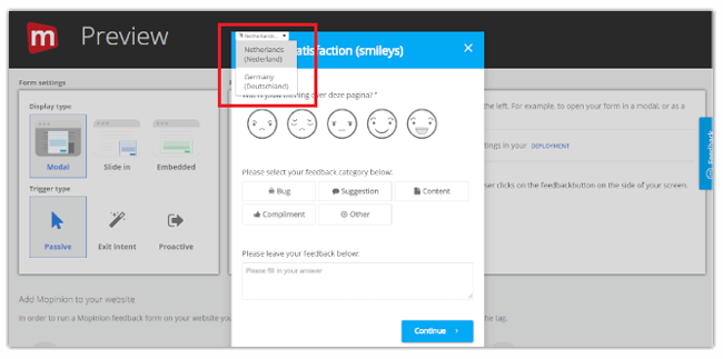 Mopinion: Introducing our new feedback form translation feature - Change Language Selection