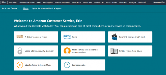 Amazon customer service page