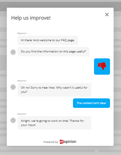 Conversational feedback survey on the FAQ page