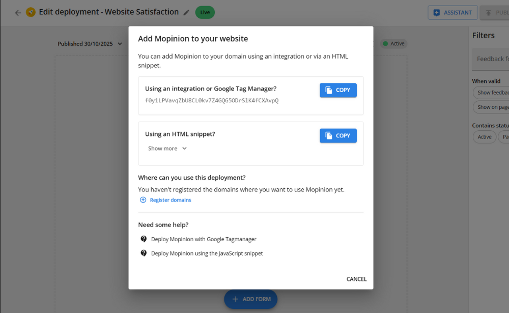 Deployment codes for publishing Mopinion feedback forms