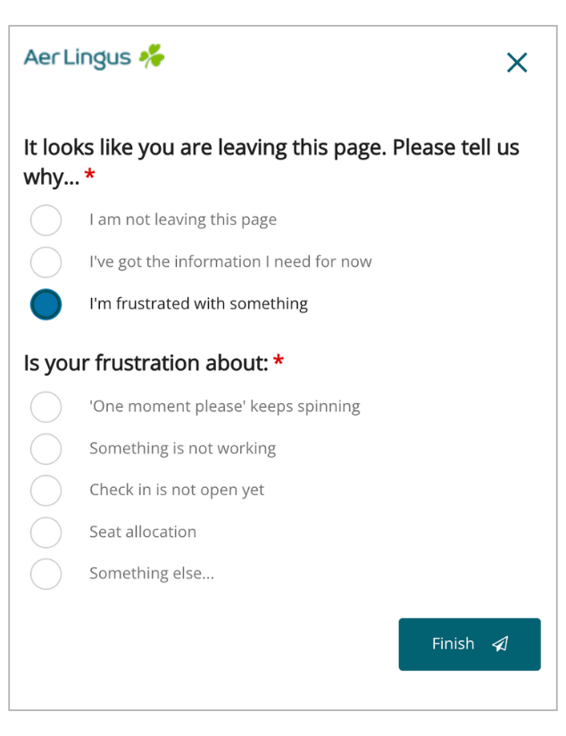 An example of an Exit intent feedback form from Aer Lingus