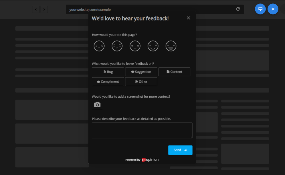 General feedback form in dark mode