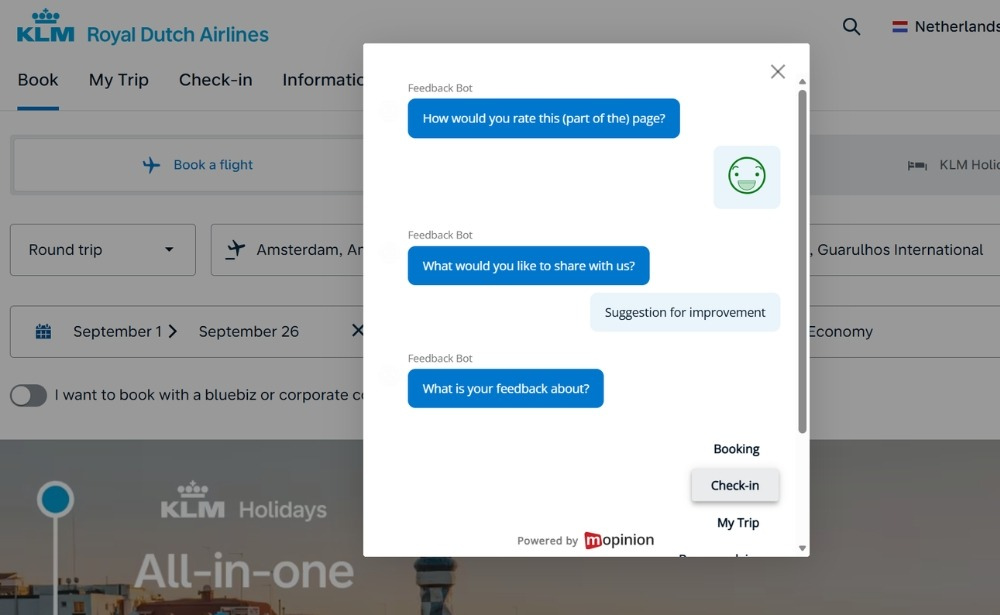 Website feedback form example used by KLM to collect customer experience feedback