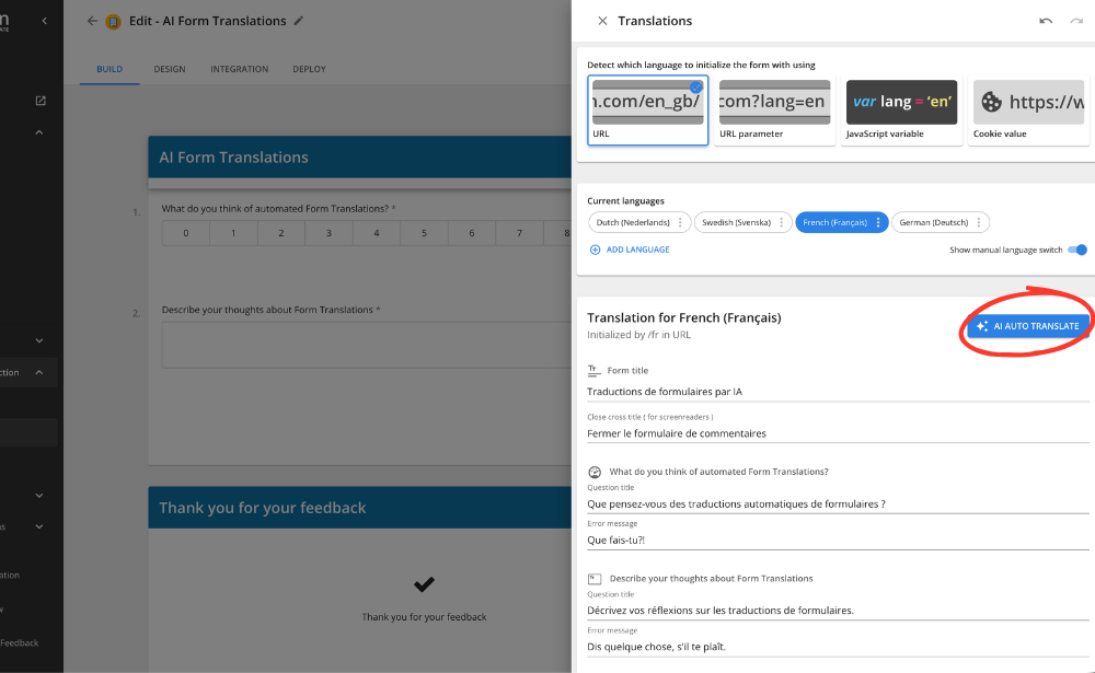 image emphasising the AI Auto Translate button on AI Form Translations