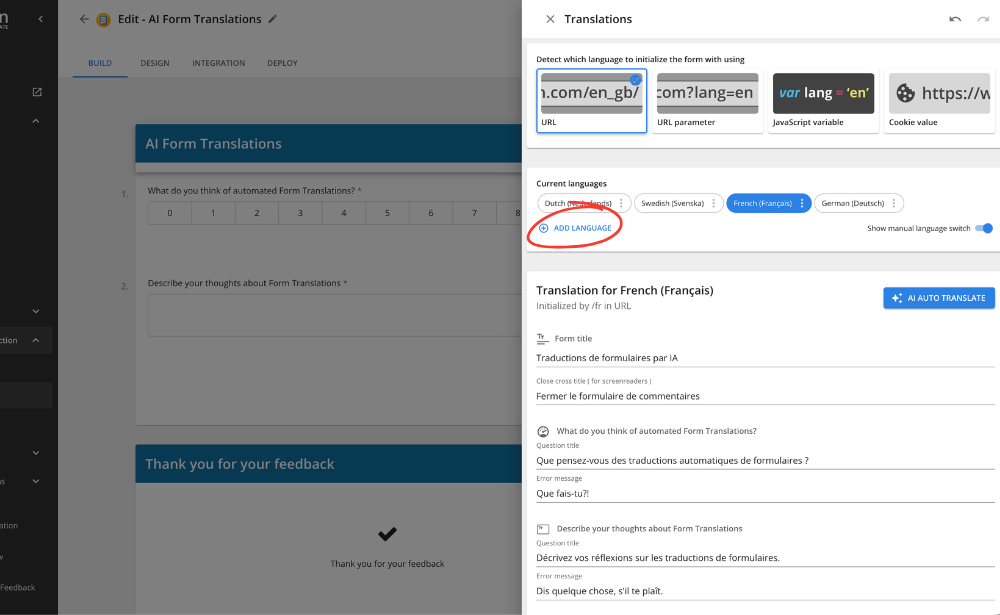 how to add languages to AI Form Translation in Mopinion