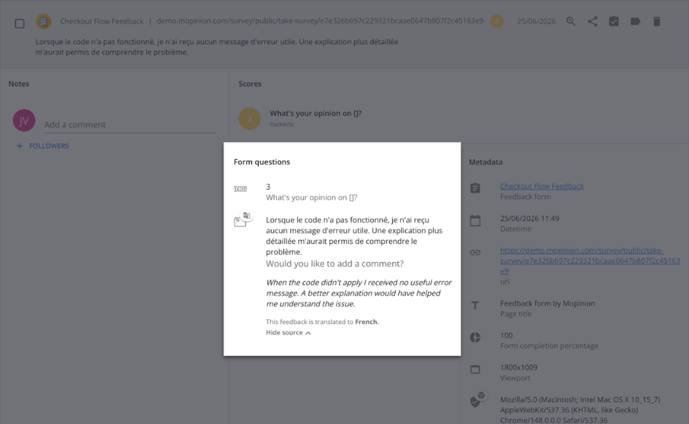 Mopinion's feedback translation capability